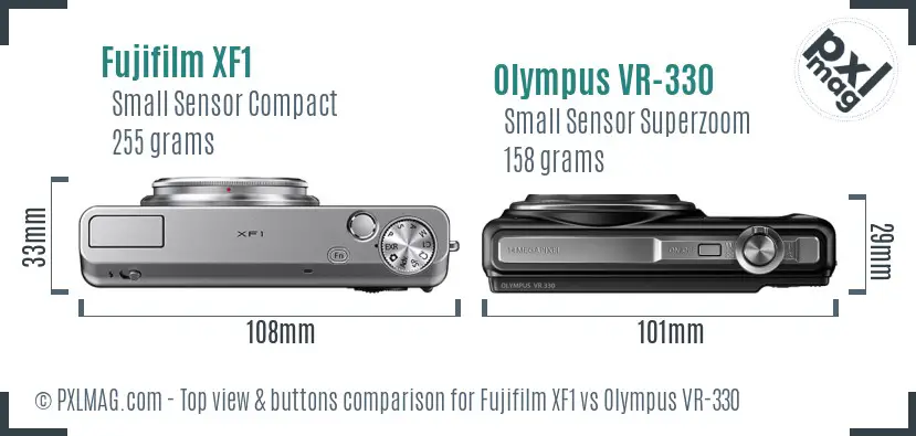 Fujifilm XF1 vs Olympus VR-330 top view buttons comparison Fujifilm XF1 vs Olympus VR-330 top view buttons comparison