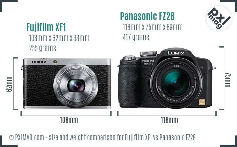 Fujifilm XF1 vs Panasonic FZ28 size comparison Fujifilm XF1 vs Panasonic FZ28 size comparison