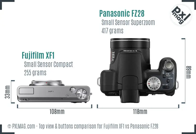 Fujifilm XF1 vs Panasonic FZ28 top view buttons comparison Fujifilm XF1 vs Panasonic FZ28 top view buttons comparison