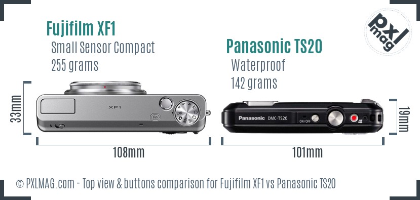 Fujifilm XF1 vs Panasonic TS20 top view buttons comparison