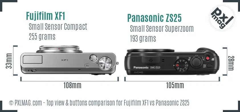 Fujifilm XF1 vs Panasonic ZS25 top view buttons comparison Fujifilm XF1 vs Panasonic ZS25 top view buttons comparison