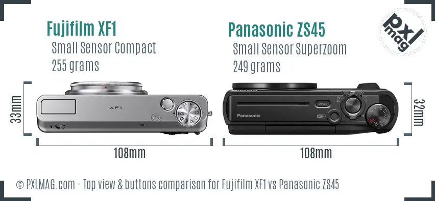 Fujifilm XF1 vs Panasonic ZS45 top view buttons comparison