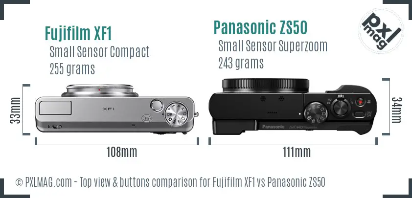 Fujifilm XF1 vs Panasonic ZS50 top view buttons comparison Fujifilm XF1 vs Panasonic ZS50 top view buttons comparison