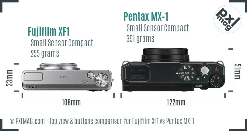 Fujifilm XF1 vs Pentax MX-1 top view buttons comparison