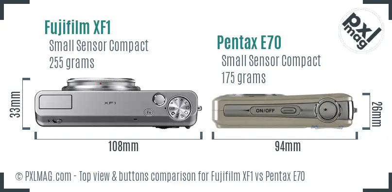 Fujifilm XF1 vs Pentax E70 top view buttons comparison