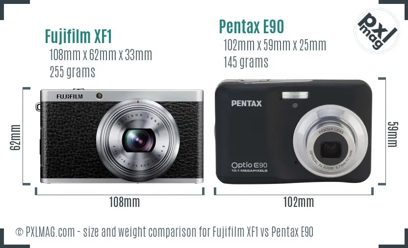 Fujifilm XF1 vs Pentax E90 size comparison