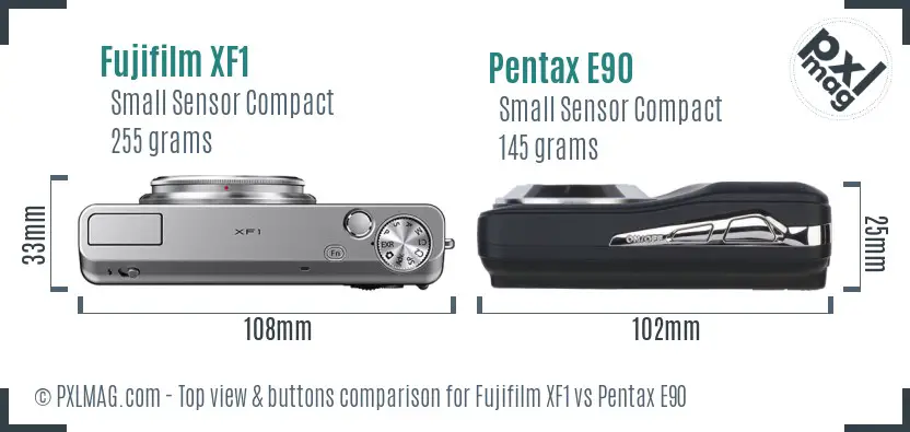 Fujifilm XF1 vs Pentax E90 top view buttons comparison