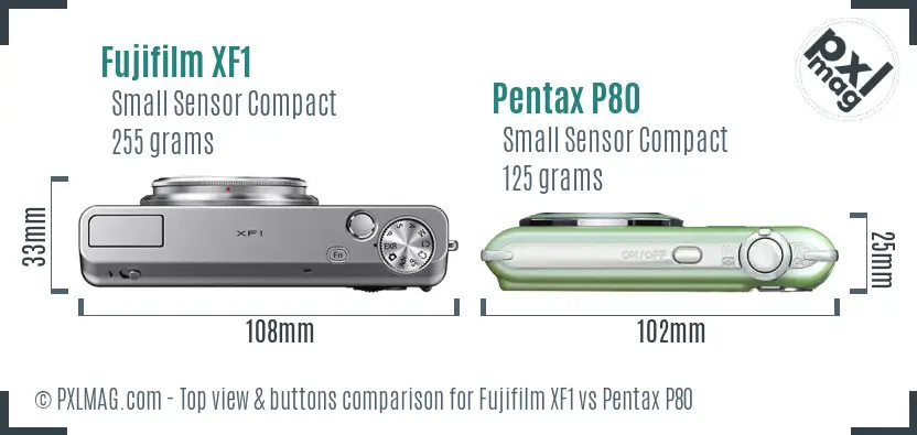 Fujifilm XF1 vs Pentax P80 top view buttons comparison