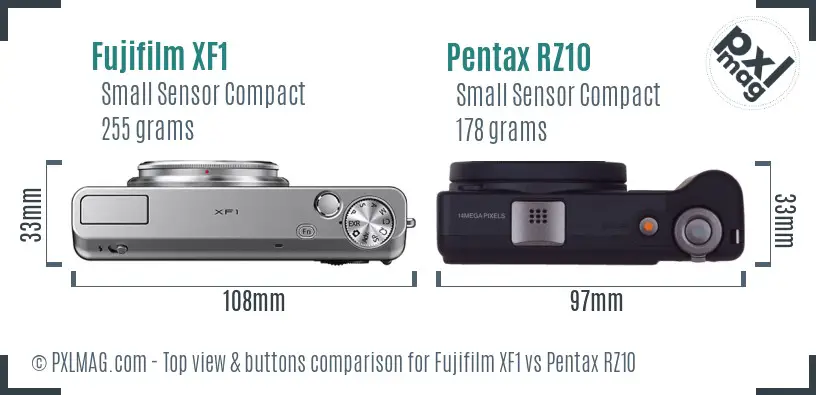 Fujifilm XF1 vs Pentax RZ10 top view buttons comparison