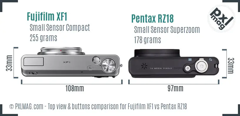 Fujifilm XF1 vs Pentax RZ18 top view buttons comparison