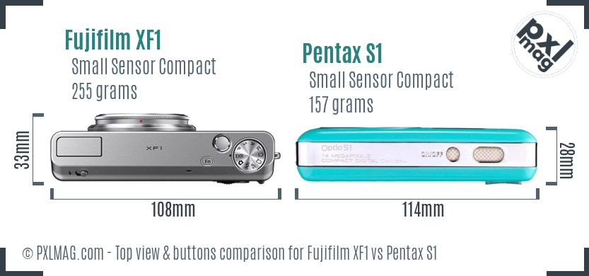 Fujifilm XF1 vs Pentax S1 top view buttons comparison
