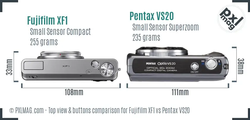 Fujifilm XF1 vs Pentax VS20 top view buttons comparison Fujifilm XF1 vs Pentax VS20 top view buttons comparison