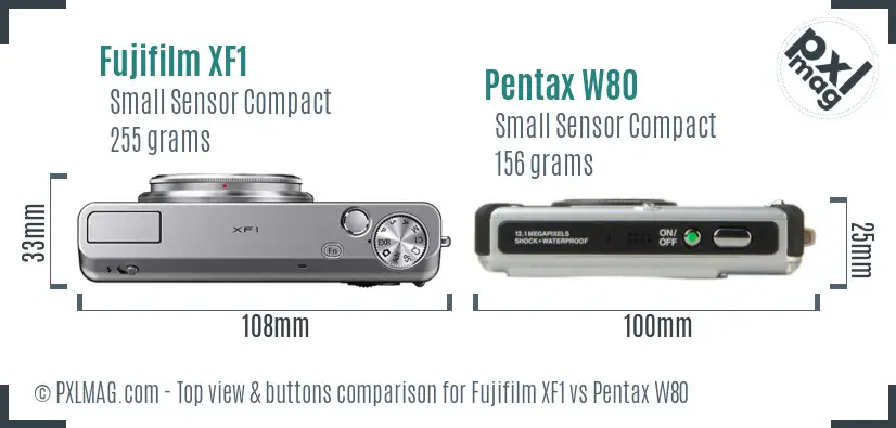 Fujifilm XF1 vs Pentax W80 top view buttons comparison