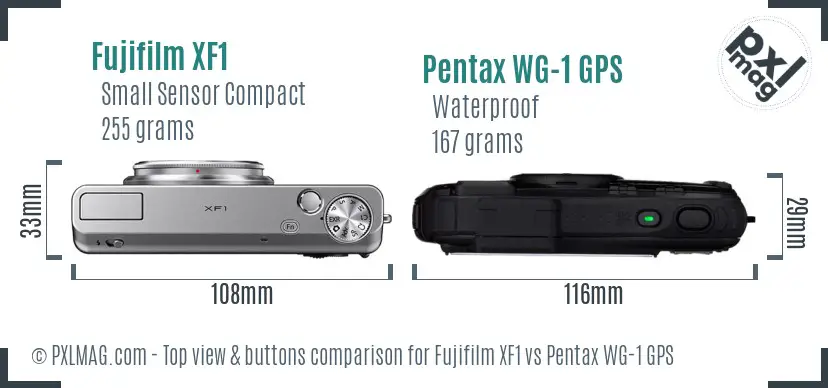 Fujifilm XF1 vs Pentax WG-1 GPS top view buttons comparison Fujifilm XF1 vs Pentax WG-1 GPS top view buttons comparison