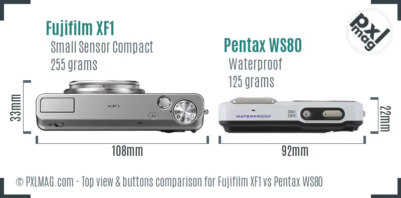 Fujifilm XF1 vs Pentax WS80 top view buttons comparison