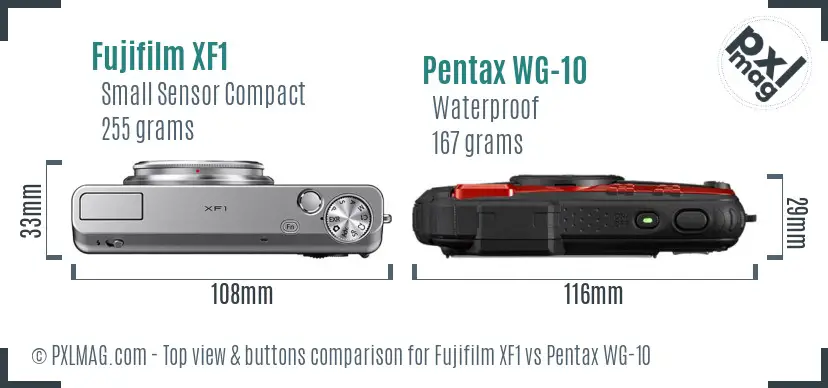 Fujifilm XF1 vs Pentax WG-10 top view buttons comparison