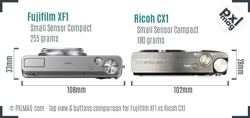 Fujifilm XF1 vs Ricoh CX1 top view buttons comparison