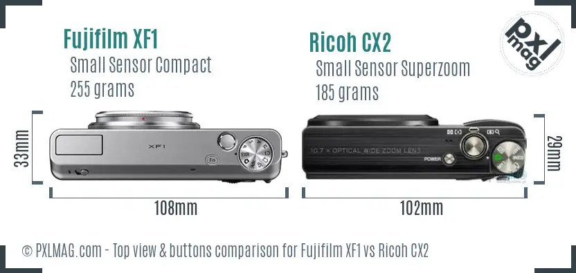 Fujifilm XF1 vs Ricoh CX2 top view buttons comparison