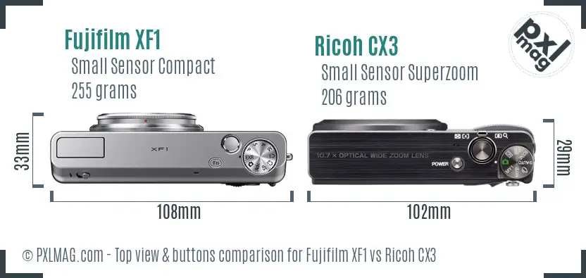 Fujifilm XF1 vs Ricoh CX3 top view buttons comparison