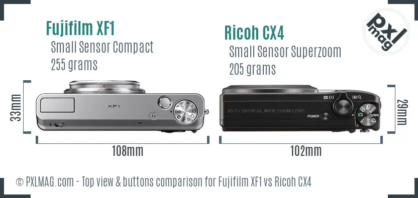 Fujifilm XF1 vs Ricoh CX4 top view buttons comparison