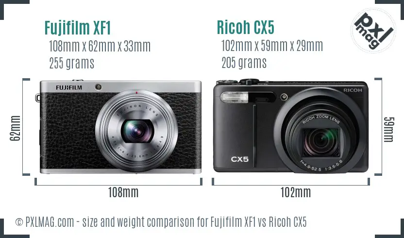 Fujifilm XF1 vs Ricoh CX5 size comparison