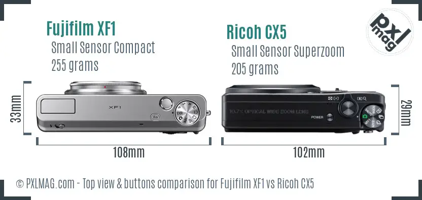 Fujifilm XF1 vs Ricoh CX5 top view buttons comparison