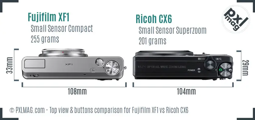 Fujifilm XF1 vs Ricoh CX6 top view buttons comparison