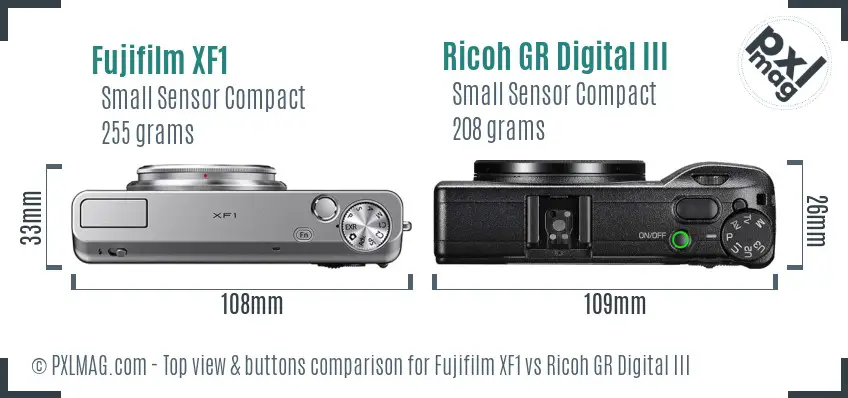 Fujifilm XF1 vs Ricoh GR Digital III top view buttons comparison