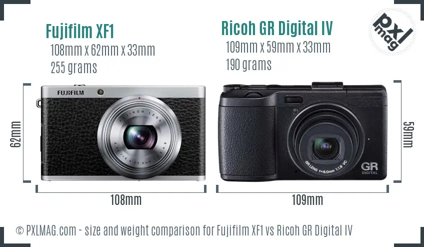Fujifilm XF1 vs Ricoh GR Digital IV size comparison