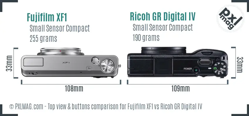 Fujifilm XF1 vs Ricoh GR Digital IV top view buttons comparison