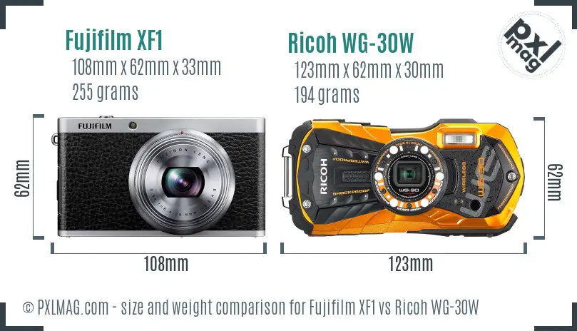 Fujifilm XF1 vs Ricoh WG-30W size comparison