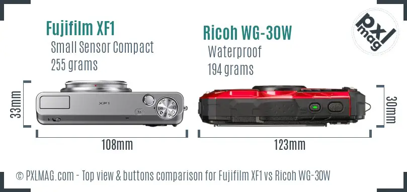 Fujifilm XF1 vs Ricoh WG-30W top view buttons comparison