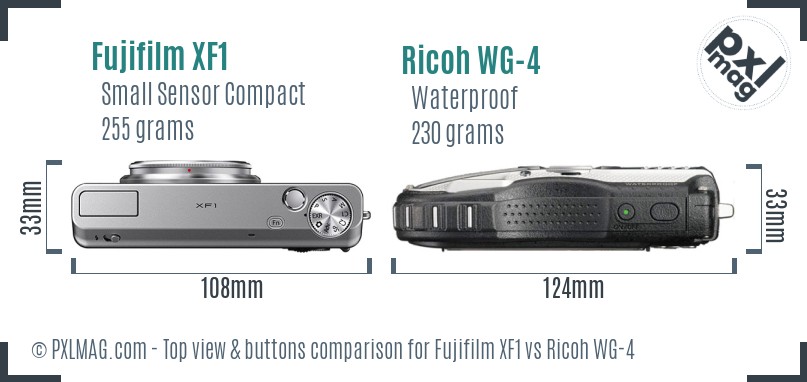 Fujifilm XF1 vs Ricoh WG-4 top view buttons comparison
