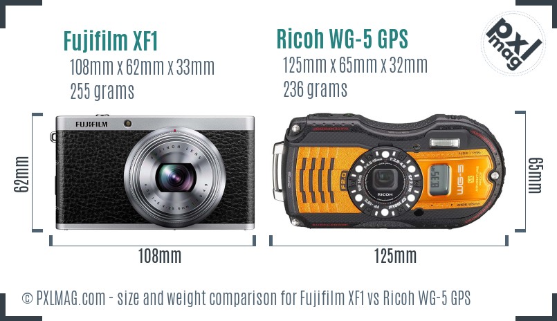 Fujifilm XF1 vs Ricoh WG-5 GPS size comparison