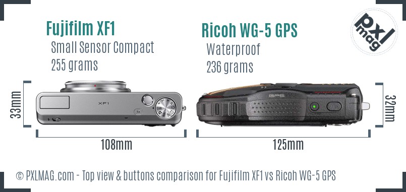 Fujifilm XF1 vs Ricoh WG-5 GPS top view buttons comparison