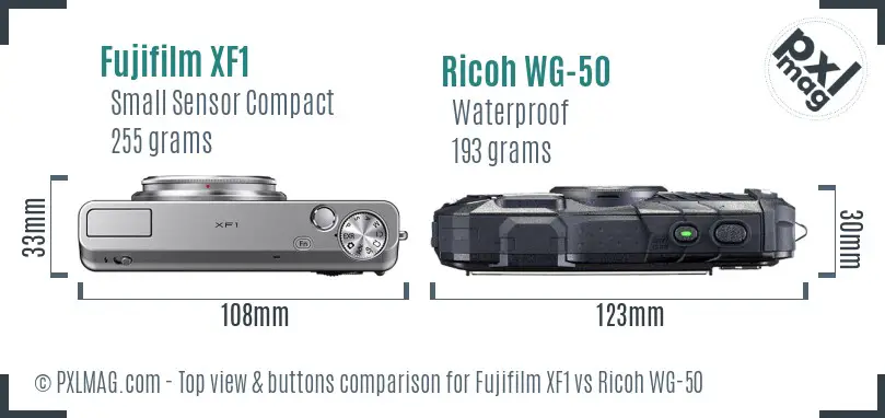 Fujifilm XF1 vs Ricoh WG-50 top view buttons comparison Fujifilm XF1 vs Ricoh WG-50 top view buttons comparison
