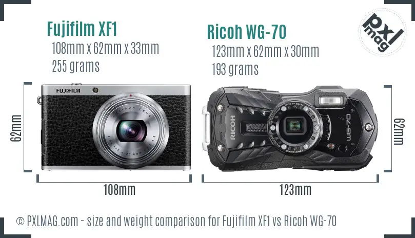 Fujifilm XF1 vs Ricoh WG-70 size comparison