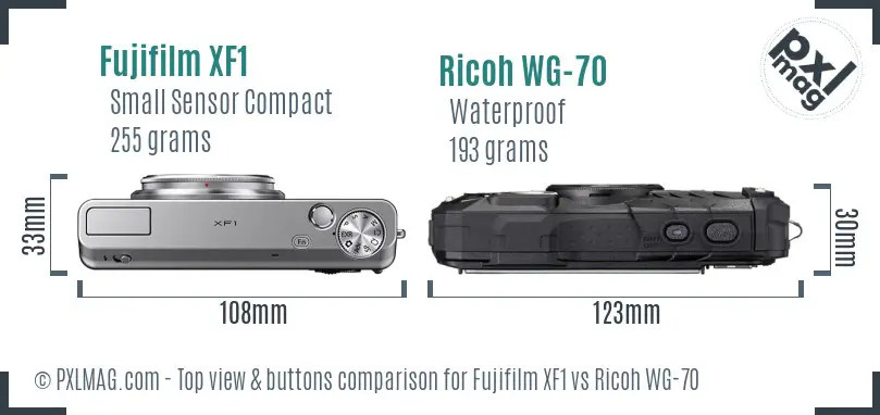 Fujifilm XF1 vs Ricoh WG-70 top view buttons comparison