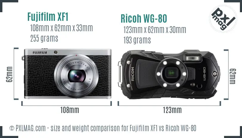 Fujifilm XF1 vs Ricoh WG-80 size comparison