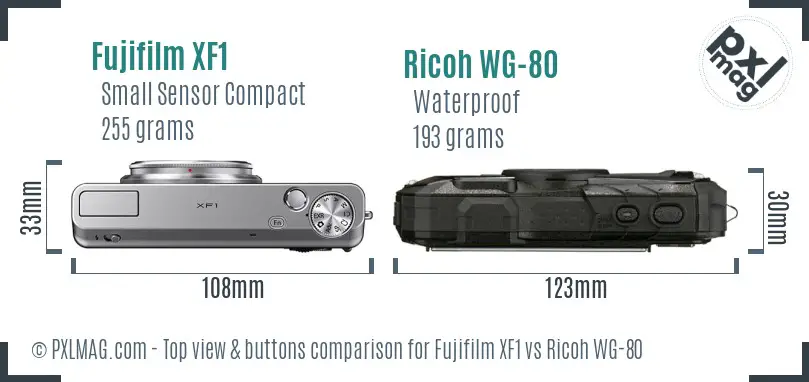 Fujifilm XF1 vs Ricoh WG-80 top view buttons comparison