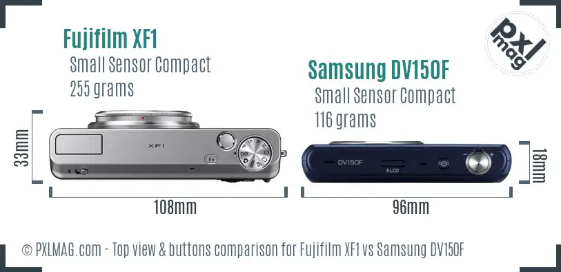 Fujifilm XF1 vs Samsung DV150F top view buttons comparison Fujifilm XF1 vs Samsung DV150F top view buttons comparison