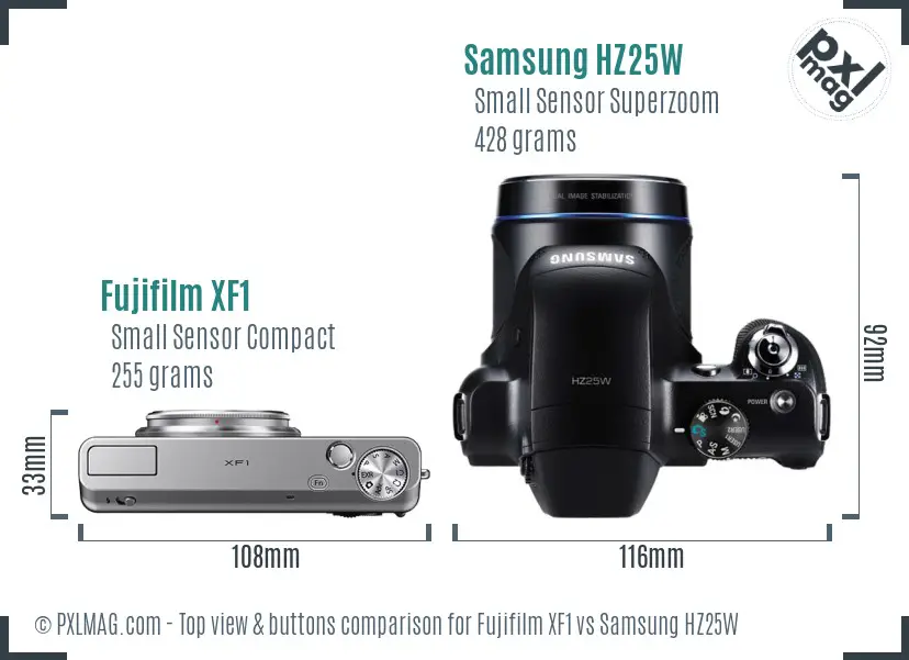 Fujifilm XF1 vs Samsung HZ25W top view buttons comparison Fujifilm XF1 vs Samsung HZ25W top view buttons comparison
