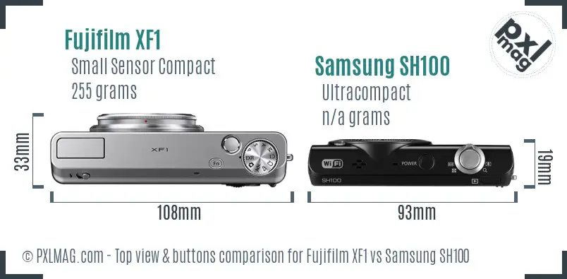 Fujifilm XF1 vs Samsung SH100 top view buttons comparison