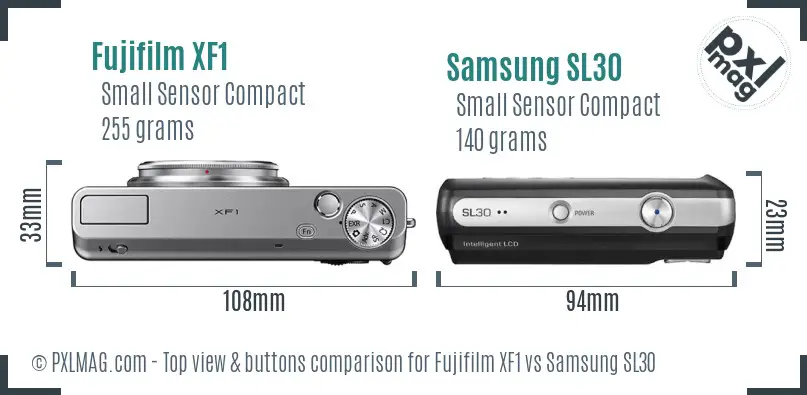 Fujifilm XF1 vs Samsung SL30 top view buttons comparison Fujifilm XF1 vs Samsung SL30 top view buttons comparison
