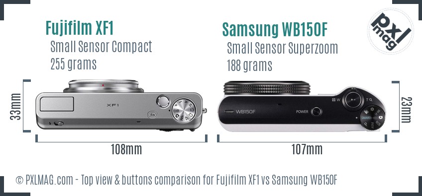 Fujifilm XF1 vs Samsung WB150F top view buttons comparison