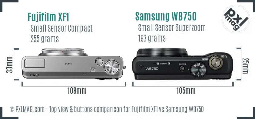 Fujifilm XF1 vs Samsung WB750 top view buttons comparison
