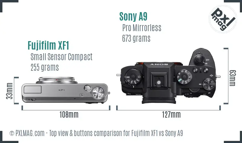 Fujifilm XF1 vs Sony A9 top view buttons comparison