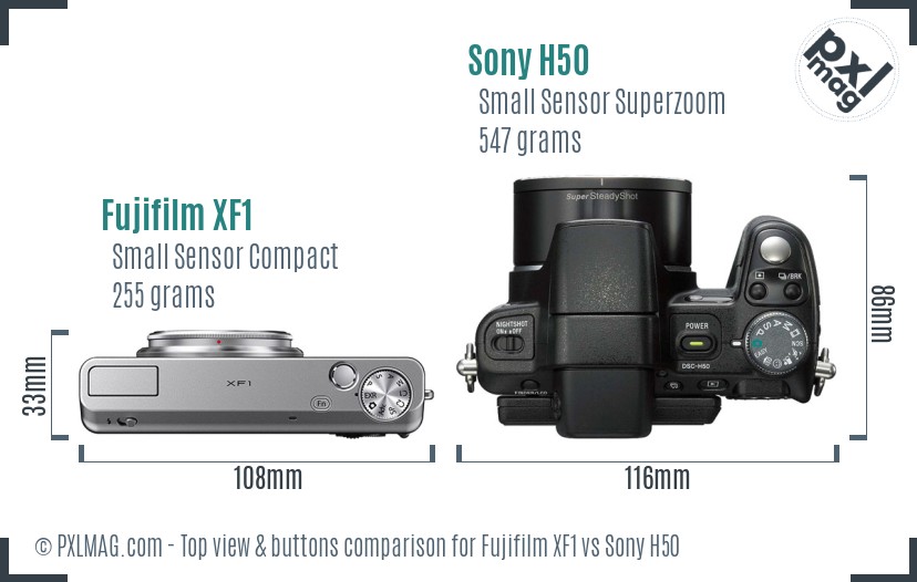 Fujifilm XF1 vs Sony H50 top view buttons comparison