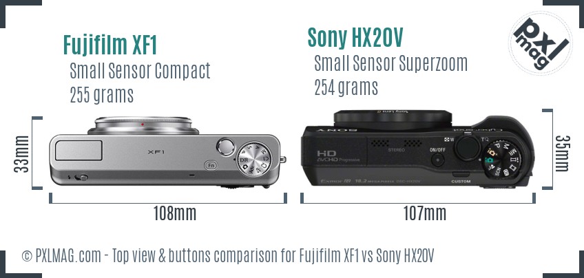 Fujifilm XF1 vs Sony HX20V top view buttons comparison