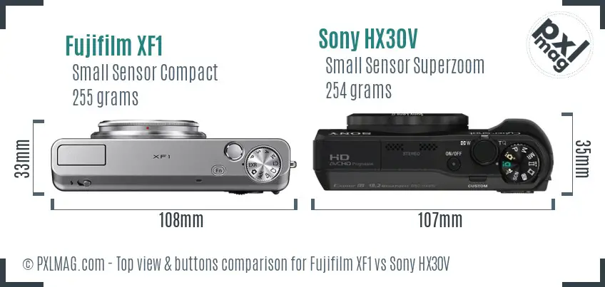 Fujifilm XF1 vs Sony HX30V top view buttons comparison